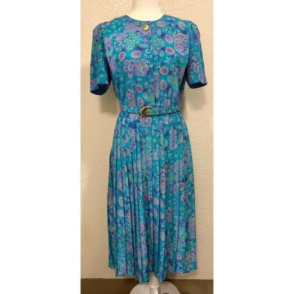 Lady Carol Vintage 70s Blue Paisley Retro Pleated Dress w/ Belt